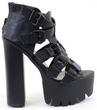 Strappy Buckle Open Toe Lug Platform Heels Black