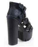 Strappy Buckle Open Toe Lug Platform Heels Black