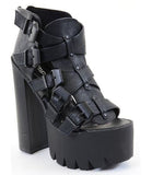 Strappy Buckle Open Toe Lug Platform Heels Black