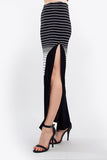 Black White Striped Colorblock Basic Knit Maxi Skirt with Slit