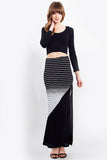  Black White Striped Colorblock Basic Knit Maxi Skirt with Slit