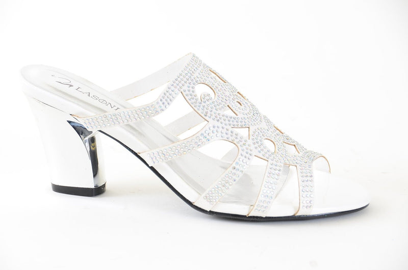 Elegant Beaded Glitter Formal Chrome Heel Slide Sandals