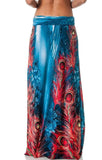 Blue Floral Rose Peacock Feathers Boho Maxi Skirt