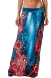 Blue Floral Rose Peacock Feathers Boho Maxi Skirt