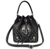 Skull Moto Drawstring Bucket Bag Vegan Leather Women Crossbody