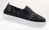  Black Rose Lace Rhinestone Slip On Platform Sneakers Women's