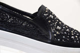  Black Rose Lace Rhinestone Slip On Platform Sneakers Women's