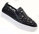  Black Rose Lace Rhinestone Slip On Platform Sneakers Women's