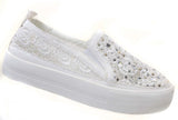  White Rose Lace Rhinestone Slip On Platform Sneakers Women's