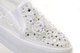  White Rose Lace Rhinestone Slip On Platform Sneakers Women's