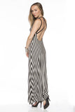  Black White Striped Design Open Back Long Maxi Dress U.S.A