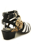 Furry Leopard Tri-Colored Strappy Vegan Faux Leather Womens Ankle Bootie