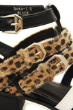 Furry Leopard Tri-Colored Strappy Vegan Faux Leather Womens Ankle Bootie