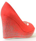 Glitzy Red Peep Toe Evening Holiday Platform Wedges Women's Pumps