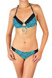 Turquoise Floral Print Gold Bead Accent String Bikini