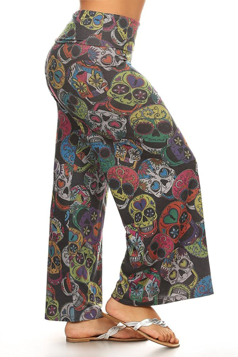Plus Size Sugar Skull Wide Leg Relaxed Palazzo Pants U.S.A