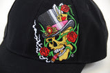  Black Top Hat Skull & Rose Embroidered Adjustable Unisex Baseball Hat