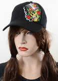  Black Top Hat Skull & Rose Embroidered Adjustable Unisex Baseball Hat