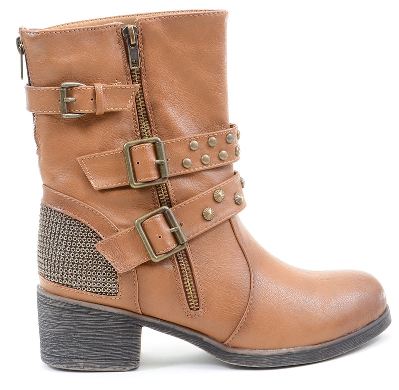 Studded Buckle Zipper Combat Military Women's Mid Calf Boots