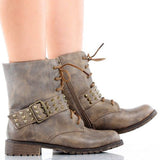 Harley-13 Brown Lace up Studded Spike Buckle Combat Boot