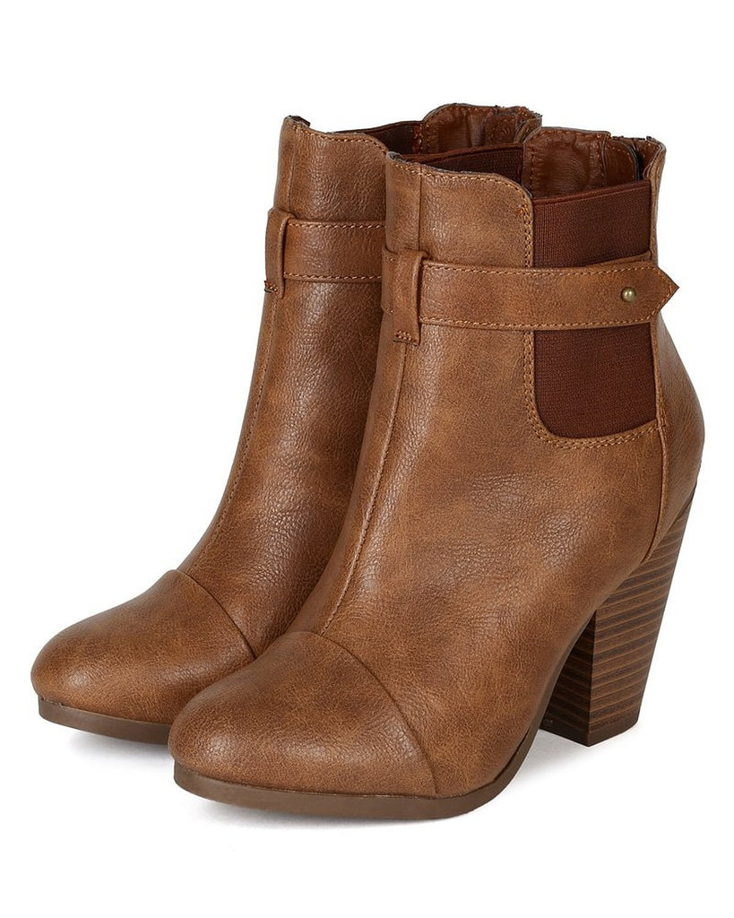 Tan Round toe Faux Leather Ankle Stacked Chunky Heel Vegan Bootie 