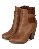 Tan Round toe Faux Leather Ankle Stacked Chunky Heel Vegan Bootie 