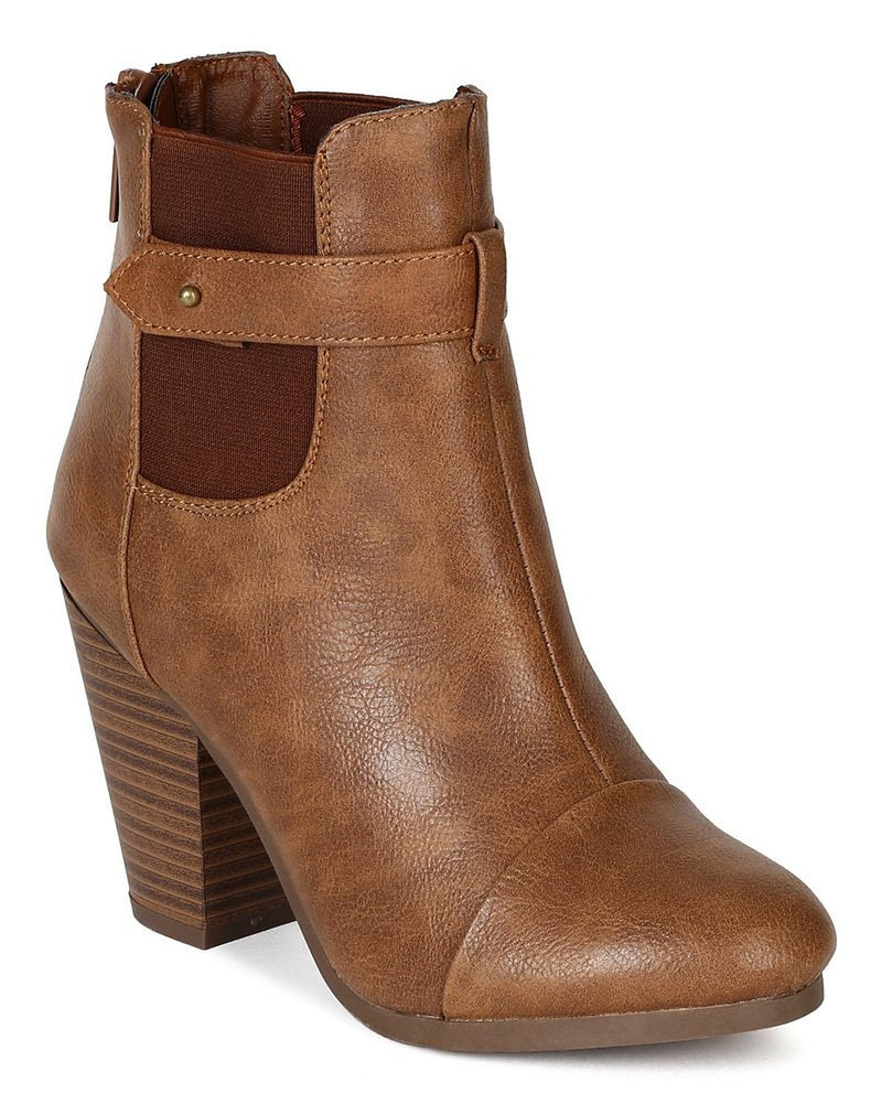 Tan Round toe Faux Leather Ankle Stacked Chunky Heel Vegan Bootie 