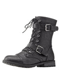 Leatherette Lace-Up Buckled Combat Flat Vegan Leather Boots Women's