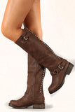 Breckelle Trooper-14 Studded Buckle Riding Knee High Combat Boot Brown