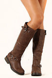 Breckelle Trooper-14 Studded Buckle Riding Knee High Combat Boot Brown