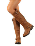 Breckelle Trooper-14 Studded Buckle Riding Knee High Combat Boot Tan