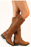 Breckelle Trooper-14 Studded Buckle Riding Knee High Combat Boot Tan