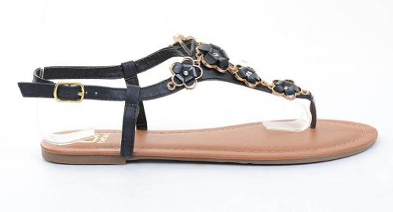  Victoria-3 Leatherette Flower Embellished Flip-flop Thong Flat Sandal Black