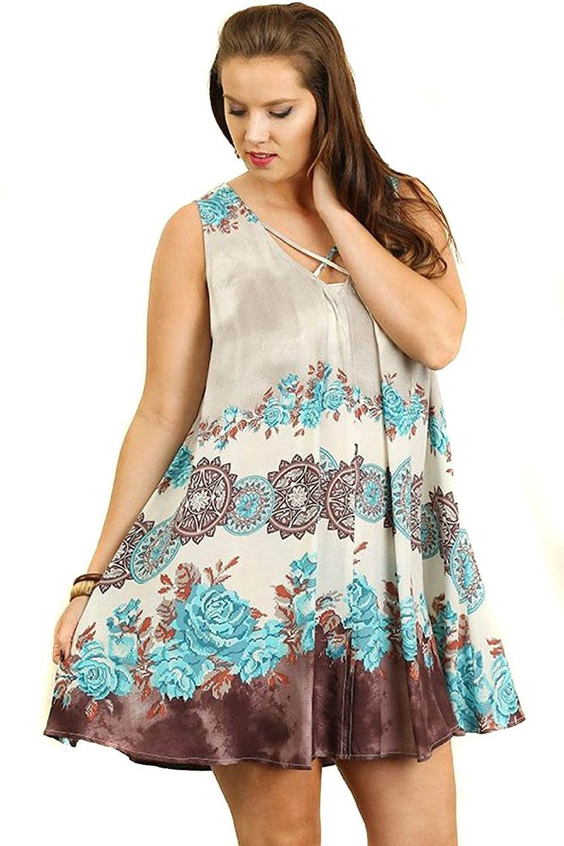 Plus Size Boho Floral Tie Dye Criss Cross Tunic Dress