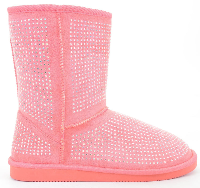 Fur Rhinestone Faux Shearling Pink Round Toe Women's Boot
