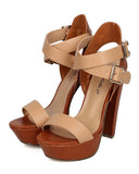  Two Tone Open Toe Cross Ankle Strap Chunky Heel Natural