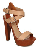  Two Tone Open Toe Cross Ankle Strap Chunky Heel Natural