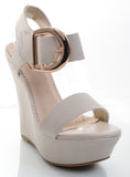 Gold Buckle Accented Open Toe Platform Wedges