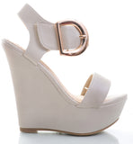 Gold Buckle Accented Open Toe Platform Wedges