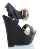 Gold Buckle Accented Open Toe Platform Black Wedges