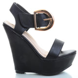 Gold Buckle Accented Open Toe Platform Black Wedges