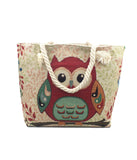 Multi Leaf Cartoon Owl Design Oversize Canvas Tote Bag Purse