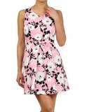 Pink Bow Floral Rose Printed Short A-Line Dress Womens