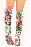  Perforated Leatherette Tropical Floral Knee High Go-Go Boot