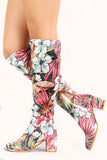  Perforated Leatherette Tropical Floral Knee High Go-Go Boot