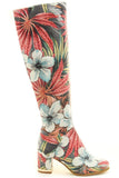  Perforated Leatherette Tropical Floral Knee High Go-Go Boot