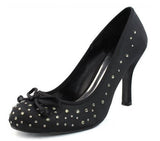 Round Toe Satin Rhinestone Studded Low Heel Pump