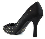 Round Toe Satin Rhinestone Studded Low Heel Pump