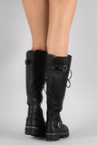  Buckled Combat Lace Up Lug Sole Knee High Vegan Leather Boots