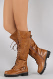  Buckled Combat Lace Up Lug Sole Knee High Vegan Leather Boots